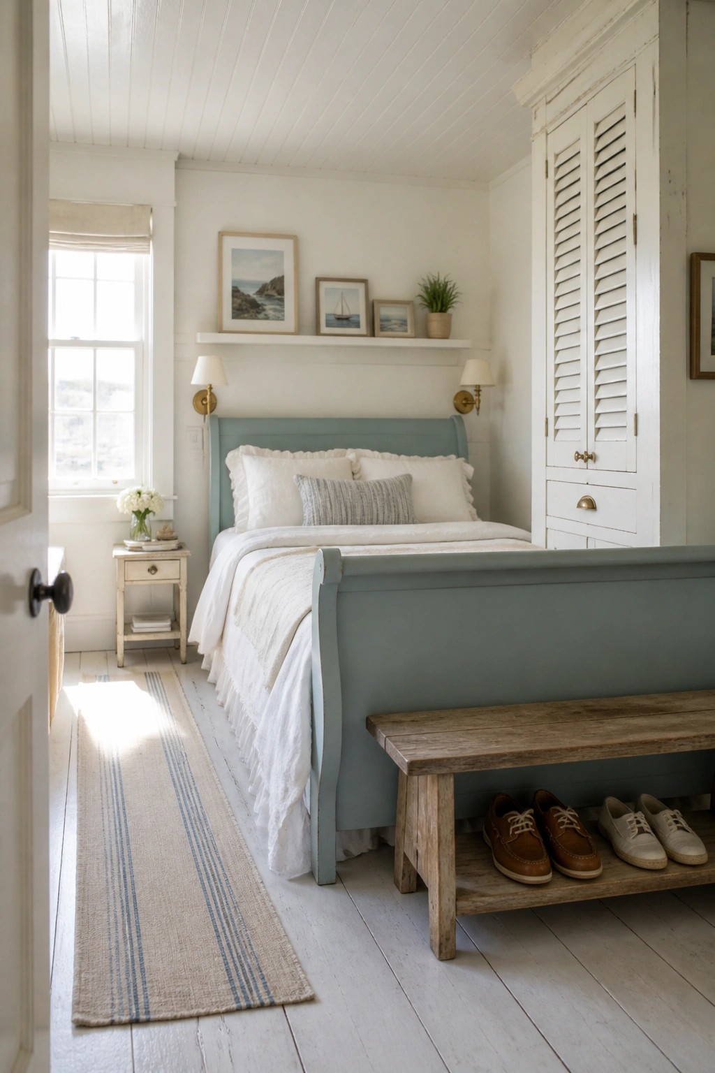 A small bedroom with a light blue bed frame, white bedding, and a wooden bench at the foot of the bed holding several pairs of shoes on the lower shelf.