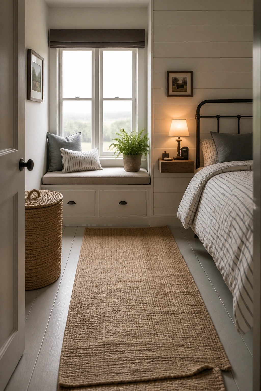 Cozy bedroom with window seat, iron bed, woven rug, and lit lamp