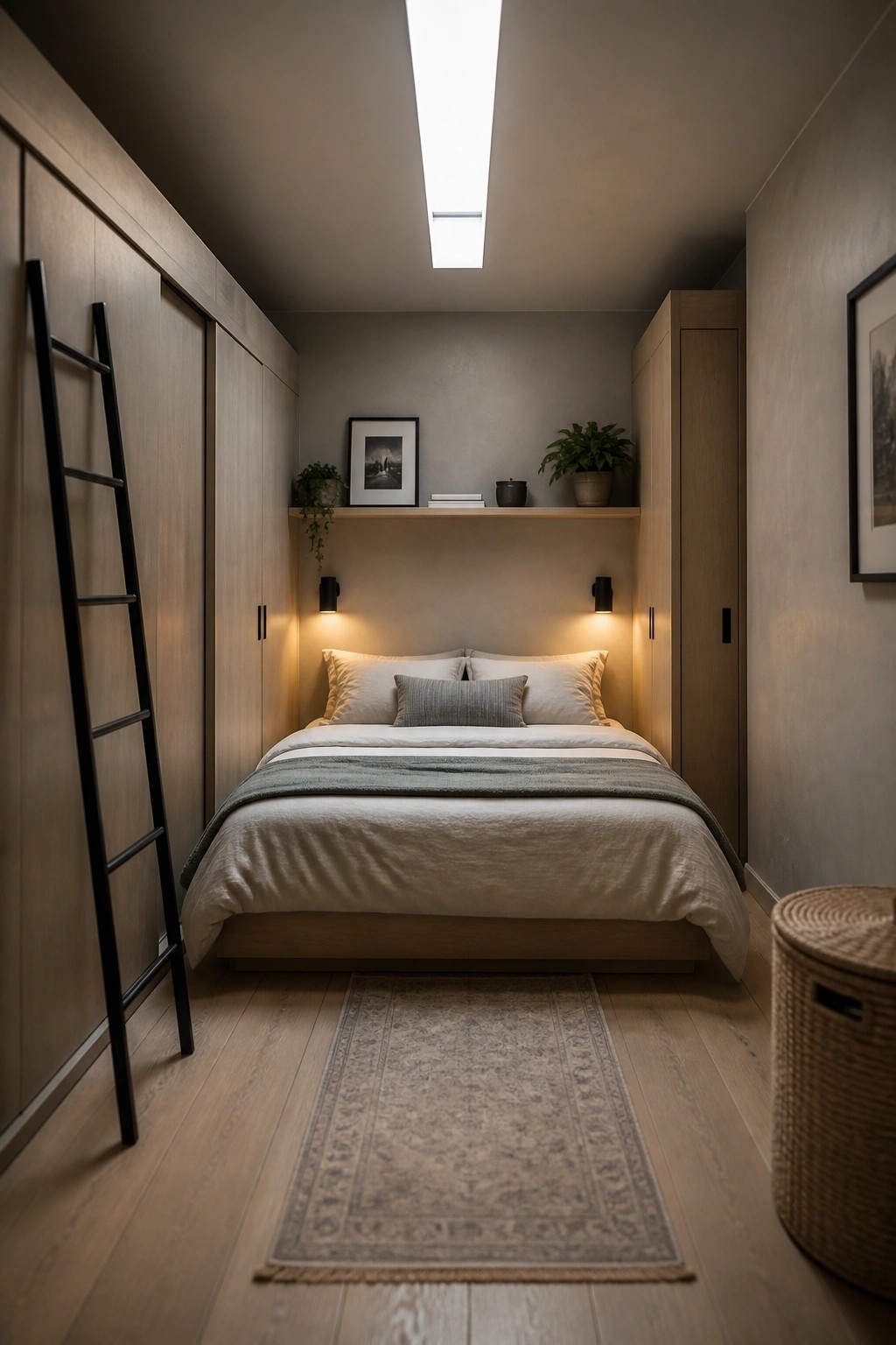 A narrow bedroom with a bed centered beneath a skylight and tall built-in wooden cabinets lining both long walls.