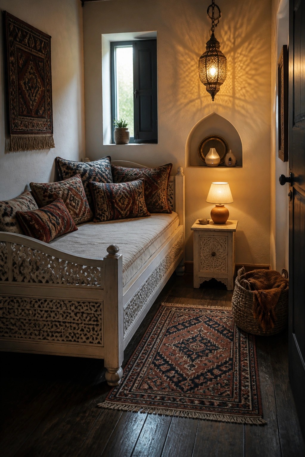 A small bedroom corner with a white carved daybed piled with patterned pillows, a colorful rug on dark wood floors, a small window, and a hanging lantern above a side table.