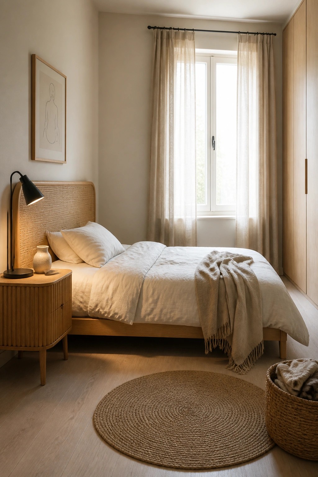 A small bedroom with a wooden bed dressed in white linens, a woven nightstand with a black lamp, sheer curtains over a window, and a round jute rug on light wood flooring.