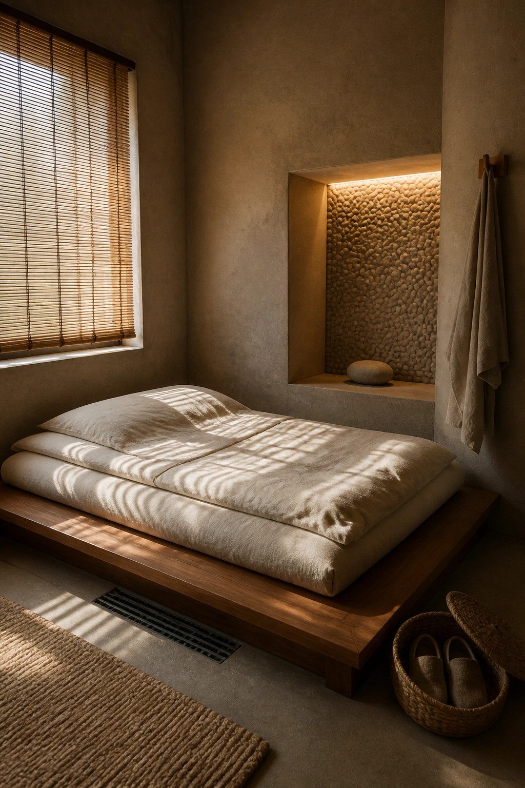 Minimalist zen bedroom with low wooden bed, white linens, and sunlight through blinds