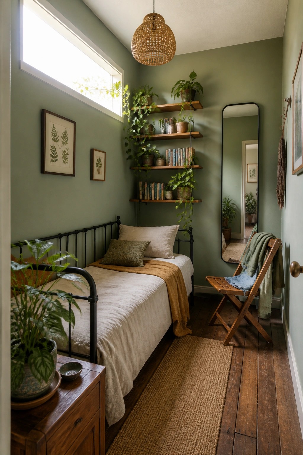 Cozy green bedroom with single bed, hanging wicker lamp, plant shelves, and full-length mirror.