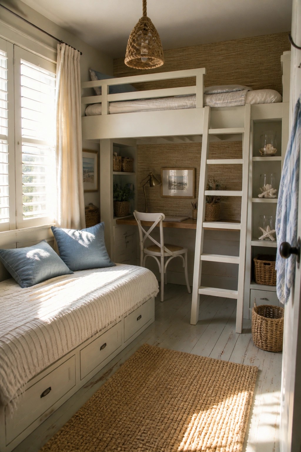 A small bedroom featuring a white loft bed over a built-in desk area, with a lower daybed, woven rug, and natural woven accessories throughout.