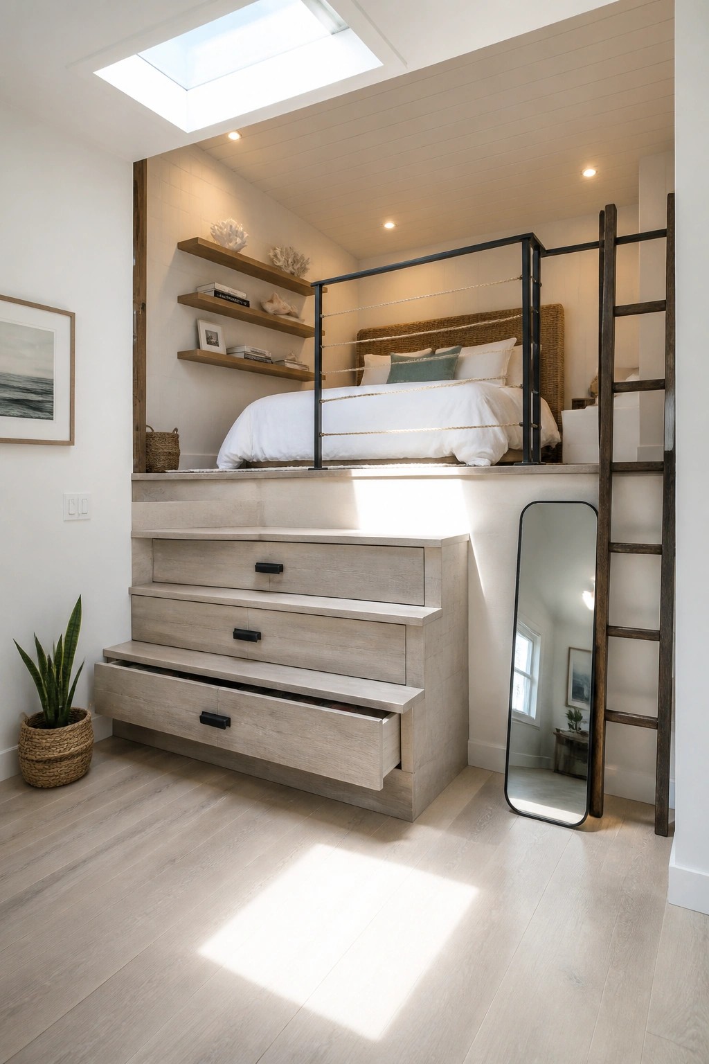 Modern loft bedroom with raised bed, storage stairs, metal ladder, and skylight