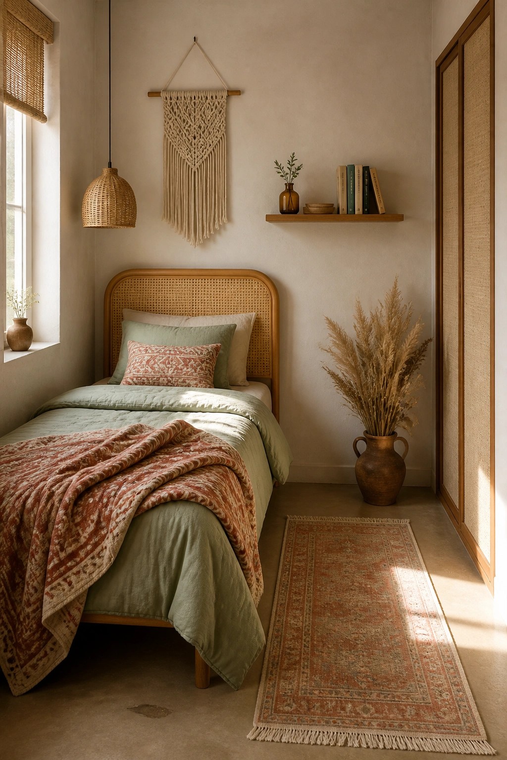 A small bedroom with a cane headboard bed dressed in sage green bedding and a terracotta throw, a macrame wall hanging above, a floating shelf with books, and a patterned rug on the floor.