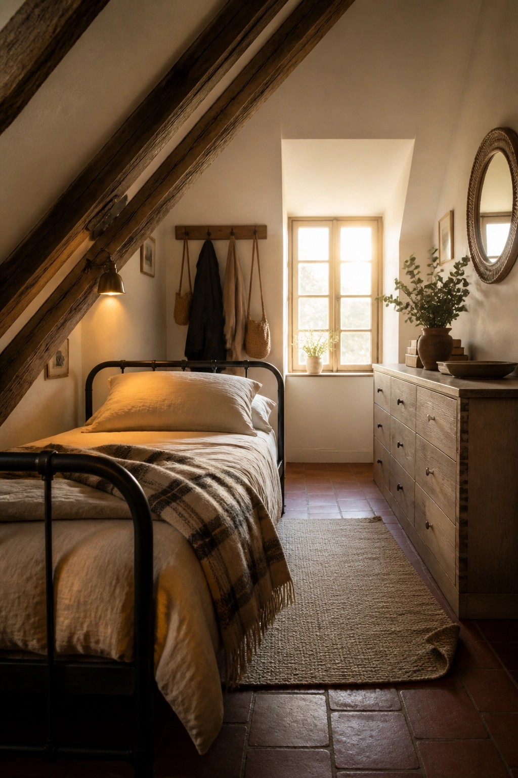 Cozy attic bedroom with iron bed, wooden beams, plaid blanket, and terracotta floor.