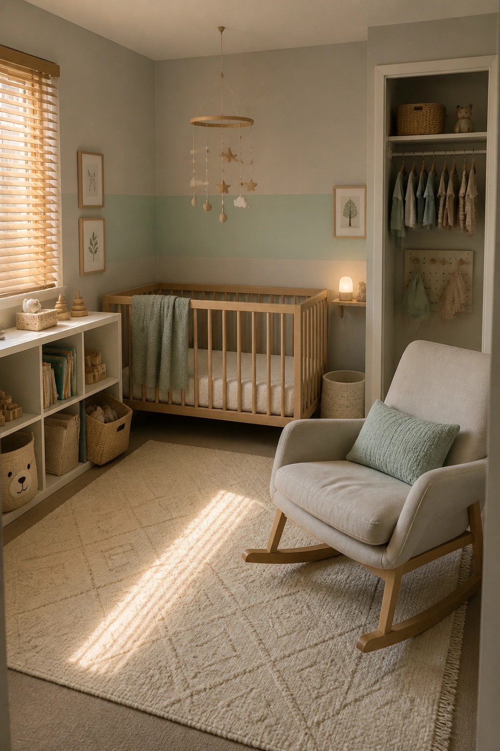 A small neutral bedroom with a wooden crib against a striped wall, a light gray rocking chair on a large beige textured rug, and open white shelving along the left wall.