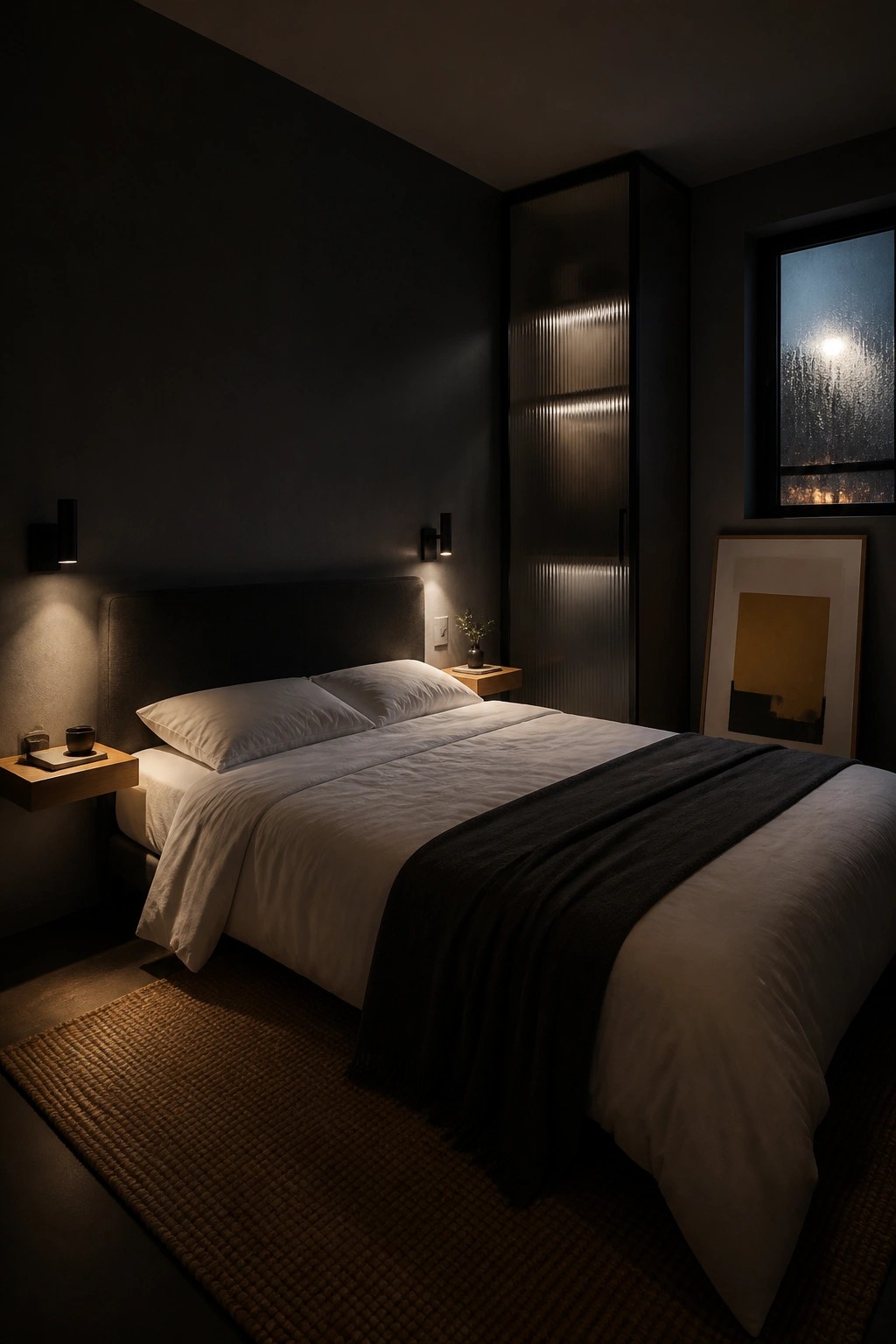 Minimalist dark bedroom with white bedding, wall sconces, ribbed cabinet, and rainy window.