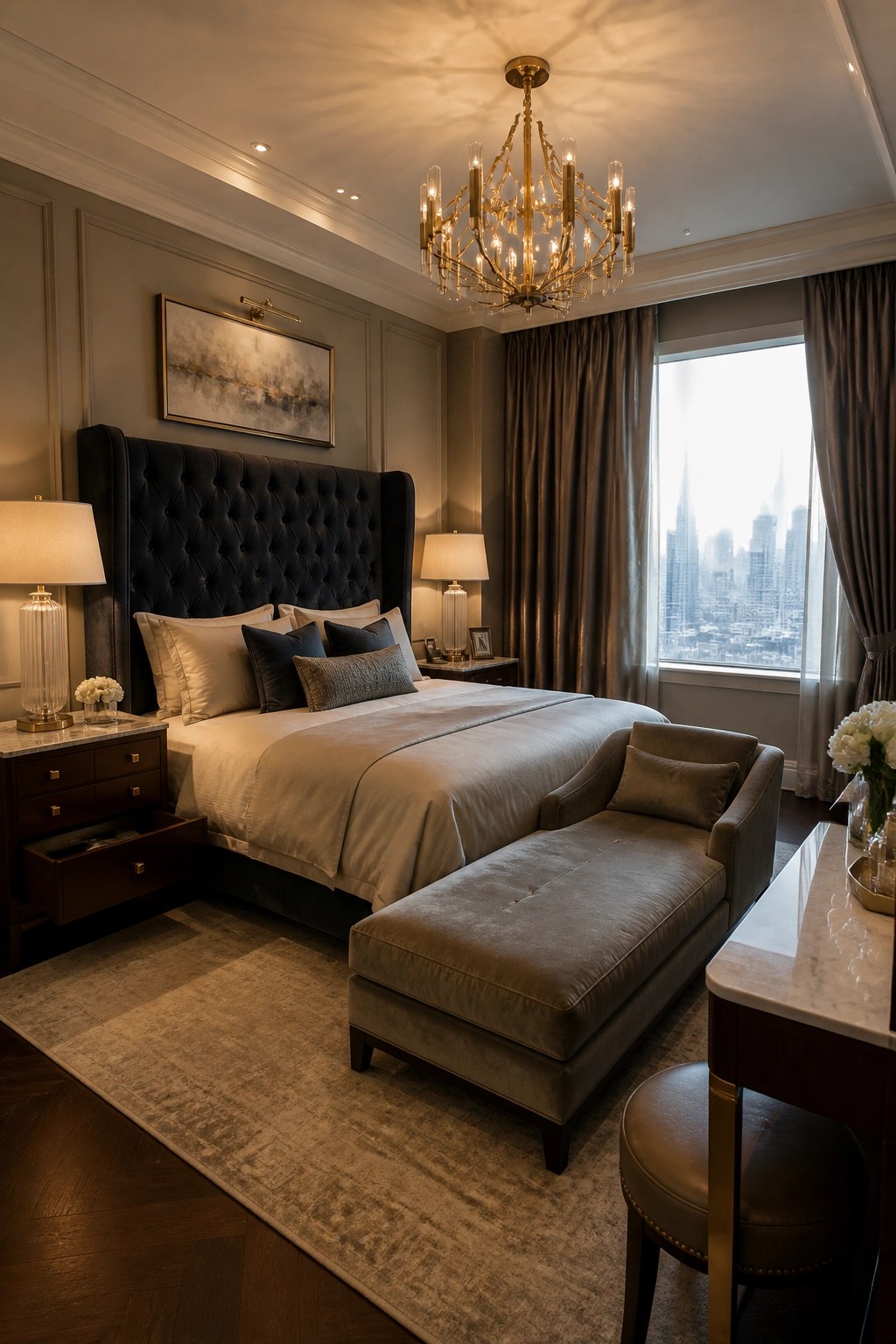 Luxurious bedroom with tufted navy headboard, gold chandelier, chaise lounge, and city view.