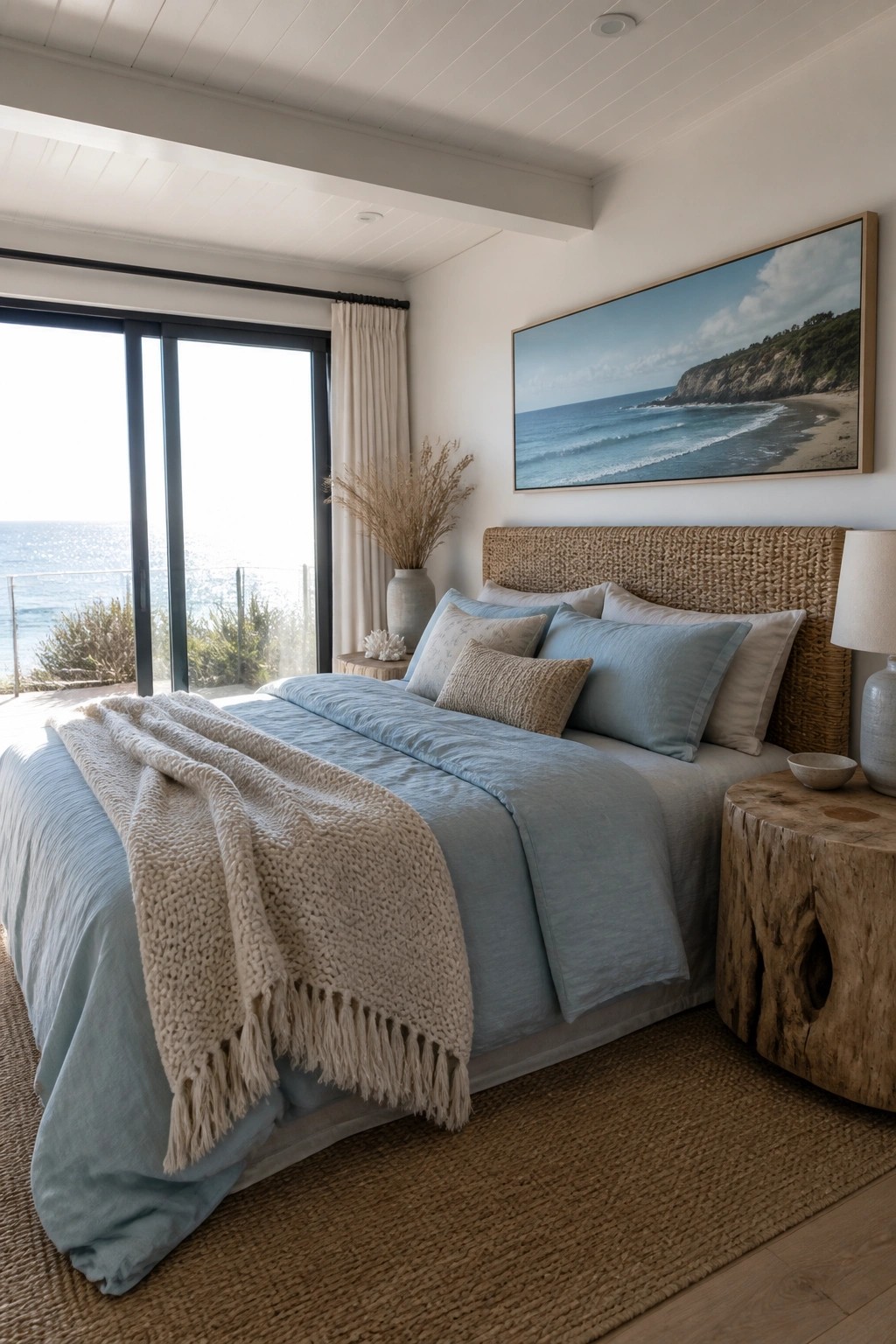 A master bedroom featuring a large woven headboard, light blue bedding with a chunky knit throw, and sliding glass doors opening to an ocean view.