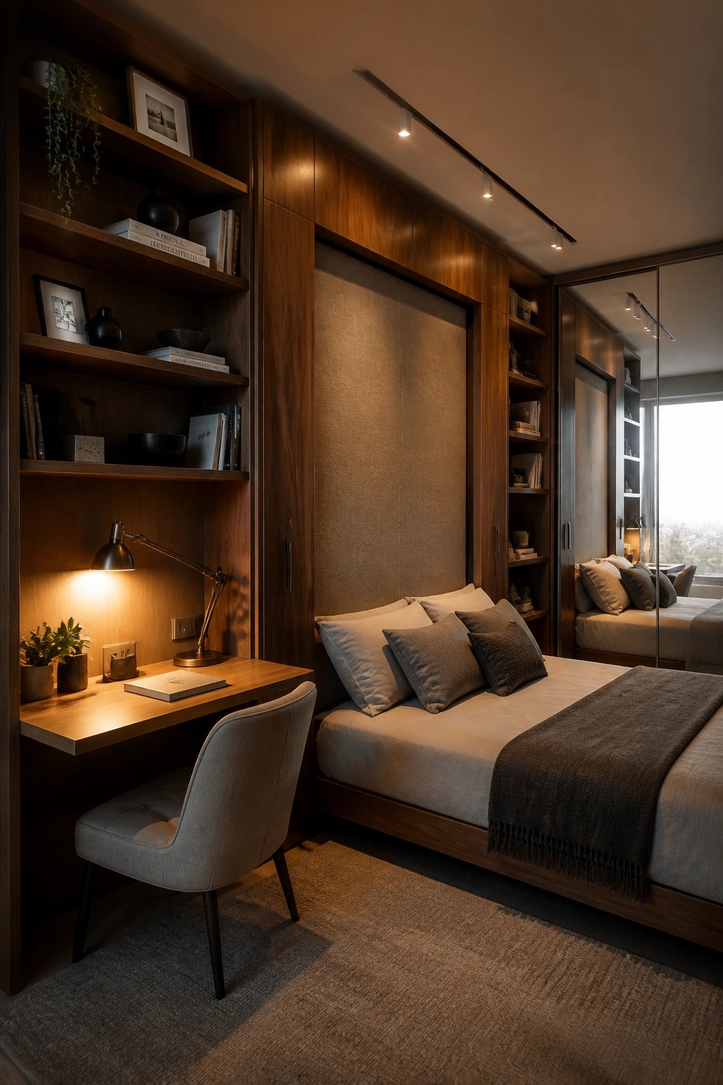 A modern bedroom with a built-in wooden desk and shelving unit on the left wall, a bed with gray bedding against a textured panel, and a mirror closet on the right.