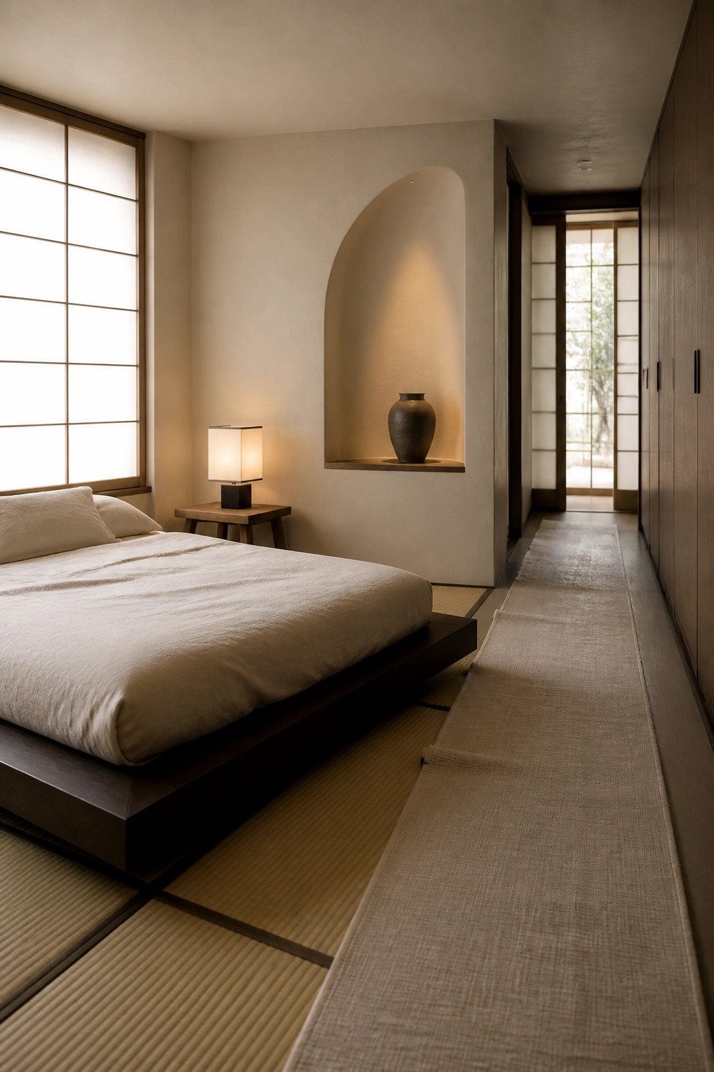 A minimalist bedroom featuring a low dark wood platform bed on tatami mats, shoji screens on the left, and a recessed arched niche with a vase on the right wall.