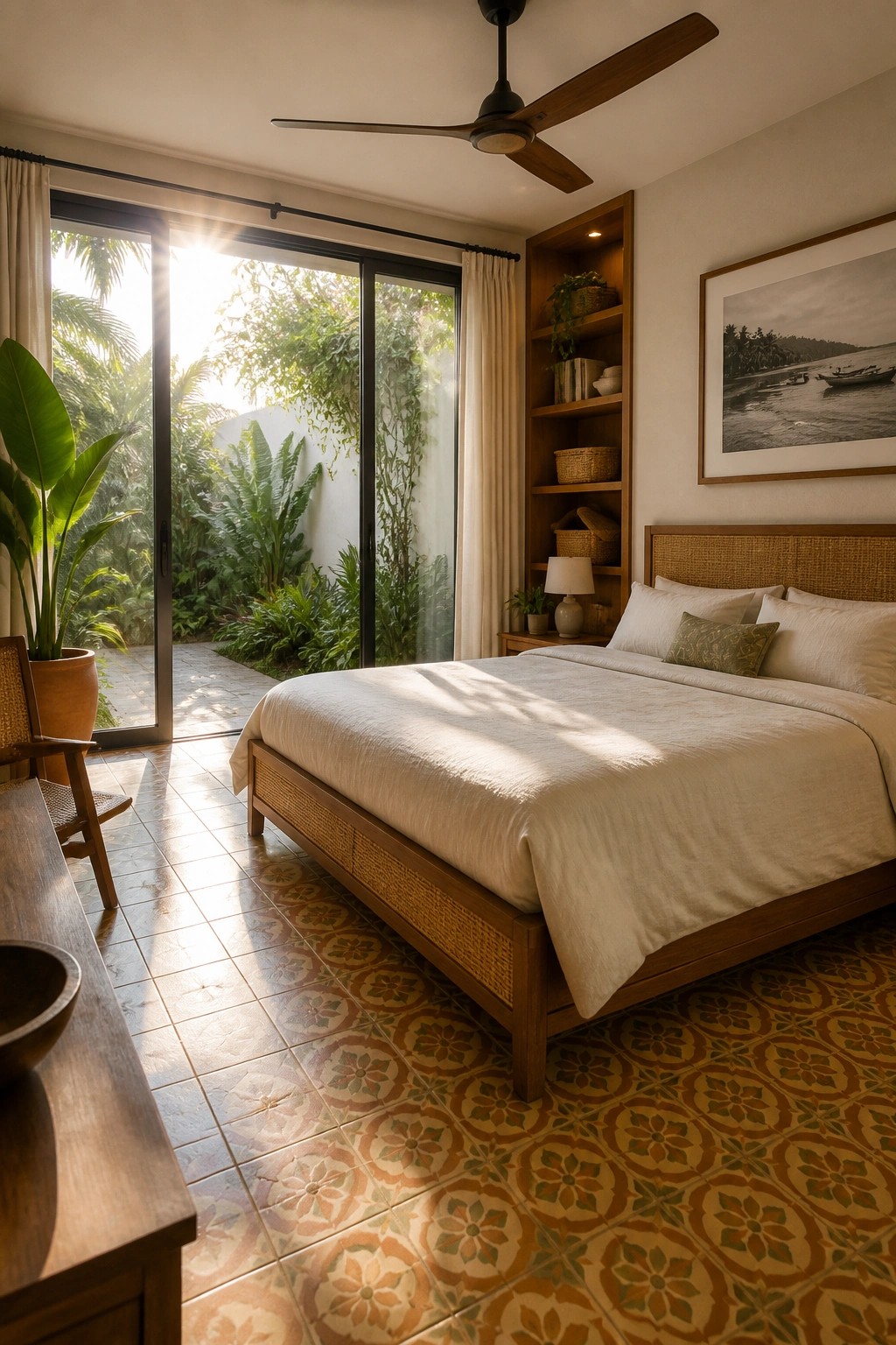A bright bedroom featuring a wooden bed with white linens, a woven headboard, built-in wooden shelving, and colorful patterned tile flooring, with large glass doors opening to a garden.