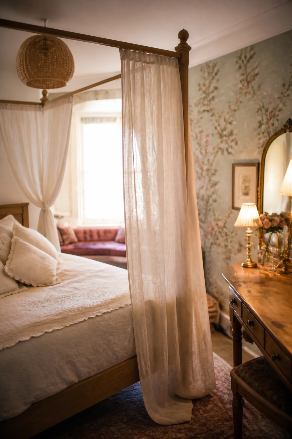A bedroom with a wooden four-poster bed draped in sheer white curtains next to a wooden vanity table.