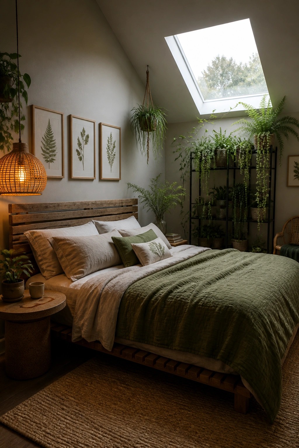 A bedroom with a wooden platform bed dressed in layered beige and green linens, a woven pendant lamp, botanical prints on the wall, and many houseplants under a skylight.
