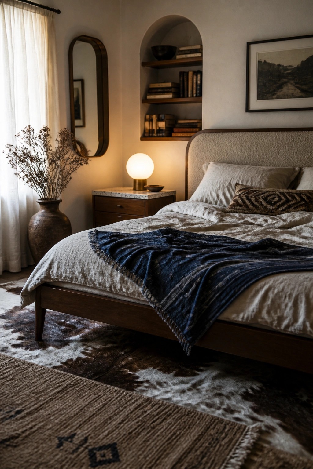 A bedroom featuring a wooden bed with layered white and blue textiles, a glowing spherical lamp on a wooden nightstand, built-in bookshelves, and a cowhide rug on the floor.
