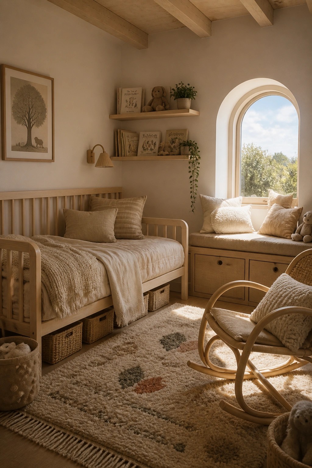 A bright children's bedroom featuring a low wooden bed with layered neutral bedding, a large textured rug, a rocking chair, and a built-in window seat with cushions.