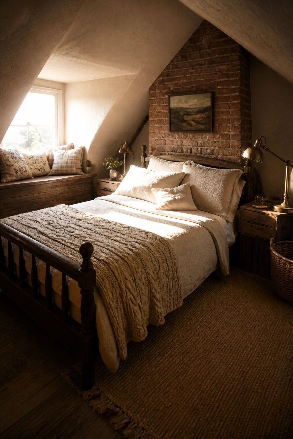 A wooden bed with layered white linens and a chunky knit blanket sits in an attic bedroom against a brick wall, with a window seat visible on the left.