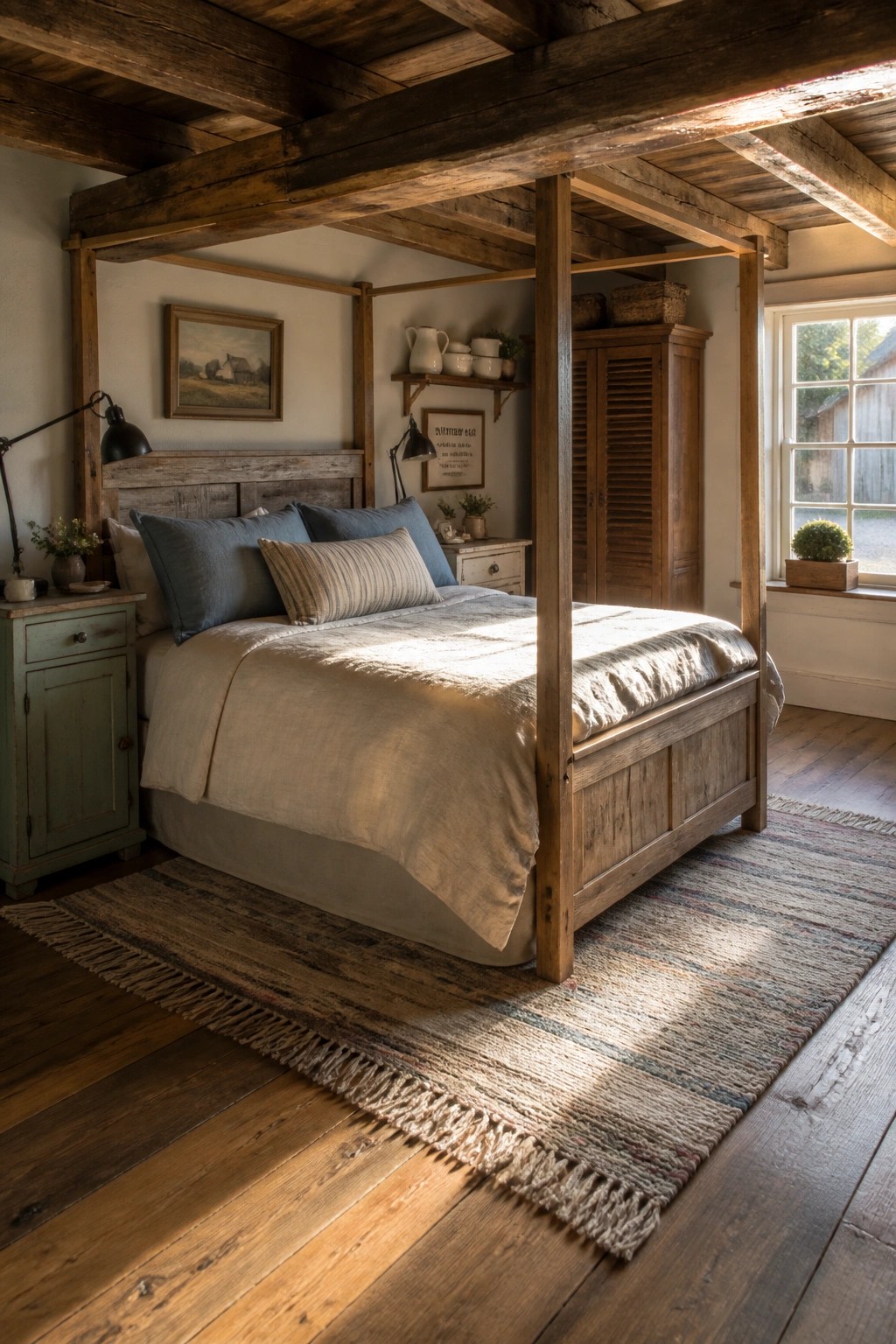 A wooden four-poster bed with neutral linens sits in a rustic bedroom with exposed ceiling beams and a striped rug on the floor.