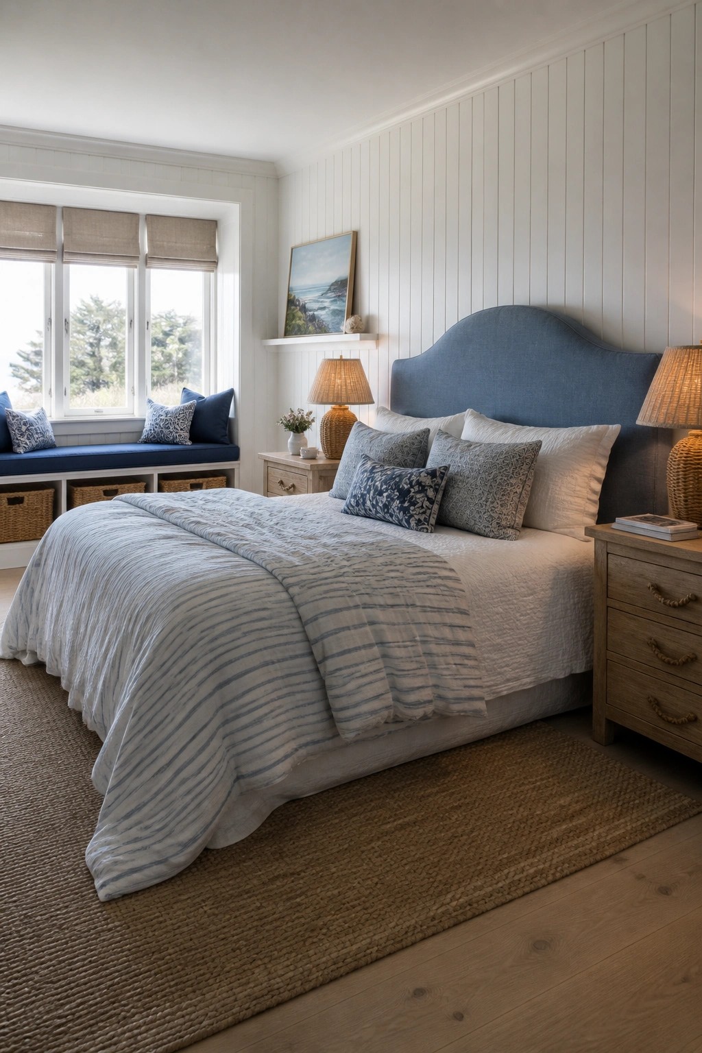 A master bedroom with a blue upholstered headboard, white and blue bedding, woven lamps on wooden nightstands, and a window seat with blue cushions.