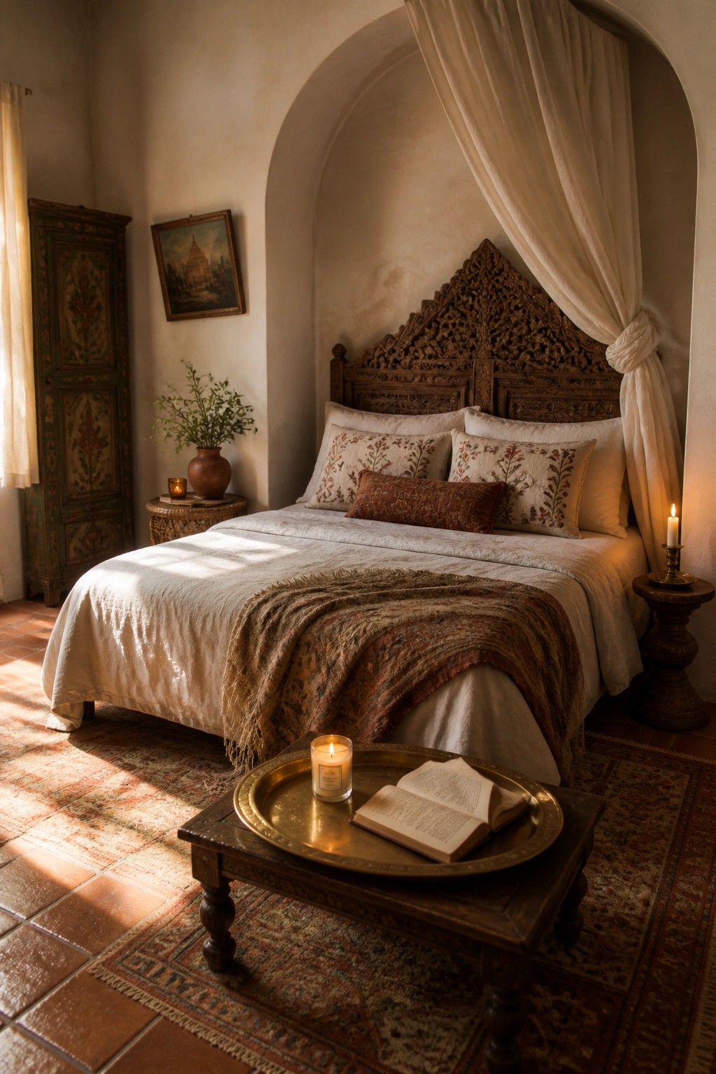 A bedroom featuring a carved wooden bed in an arched alcove with white drapes, layered neutral bedding, and candles on a low table.