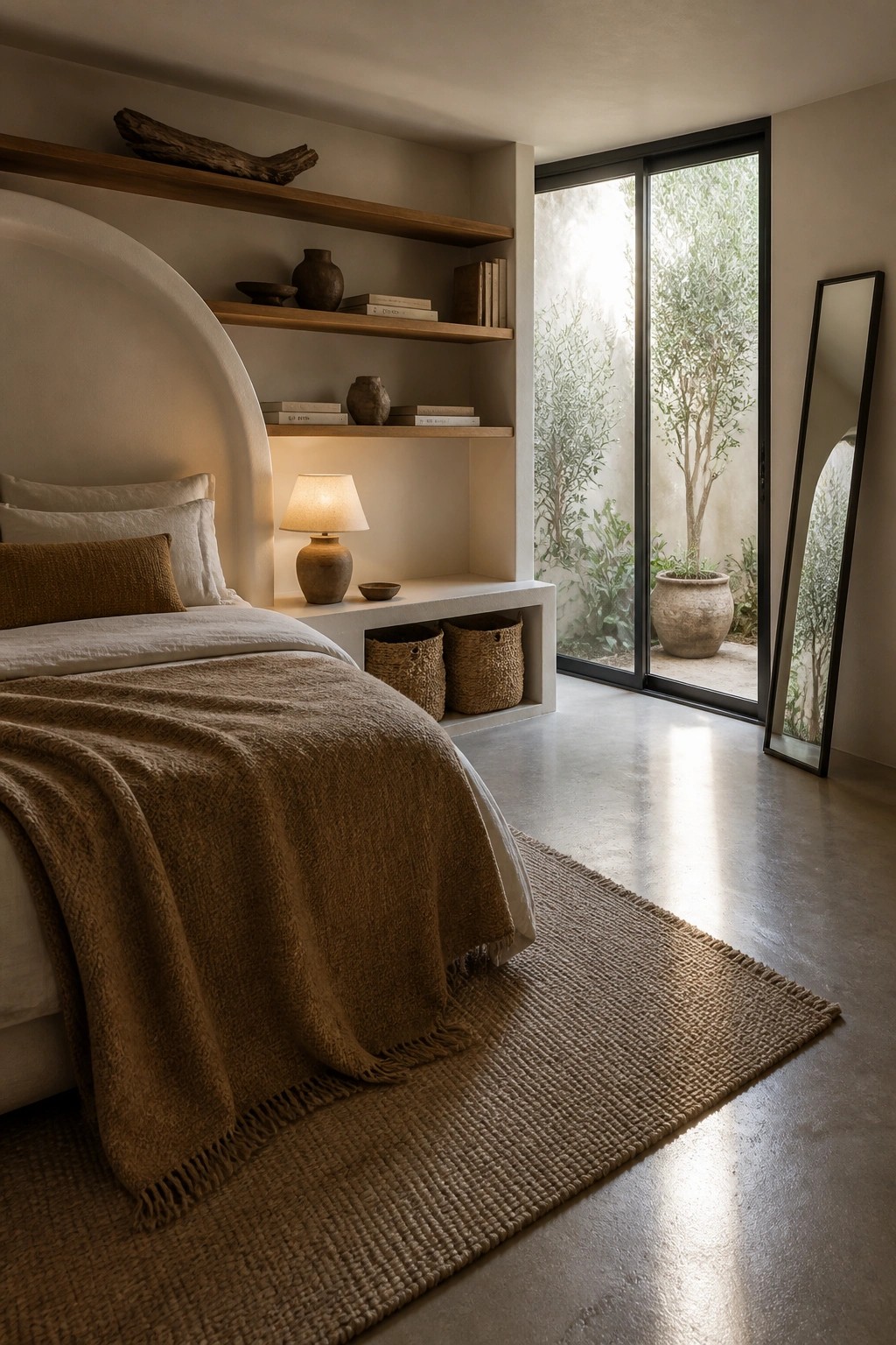 A bedroom with a bed set against a recessed wall unit that has wooden shelves holding books and pottery, a lamp on the ledge, and woven baskets stored underneath.