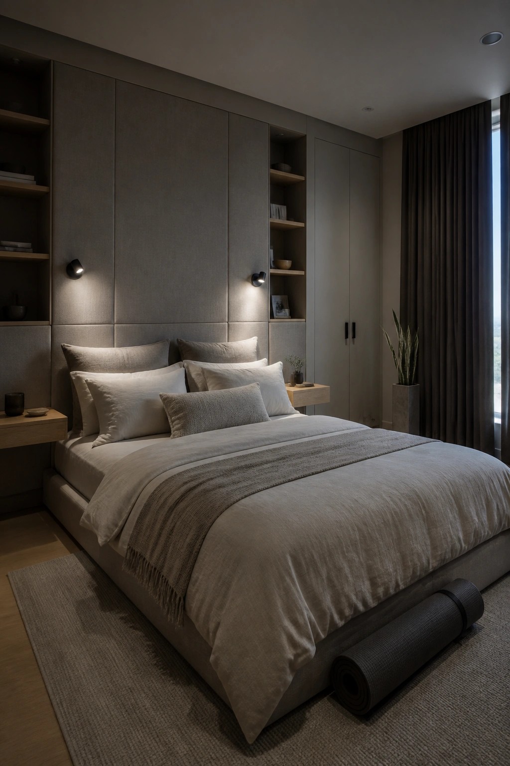 Contemporary bedroom with neutral-toned bed, layered pillows, and built-in wall cabinets