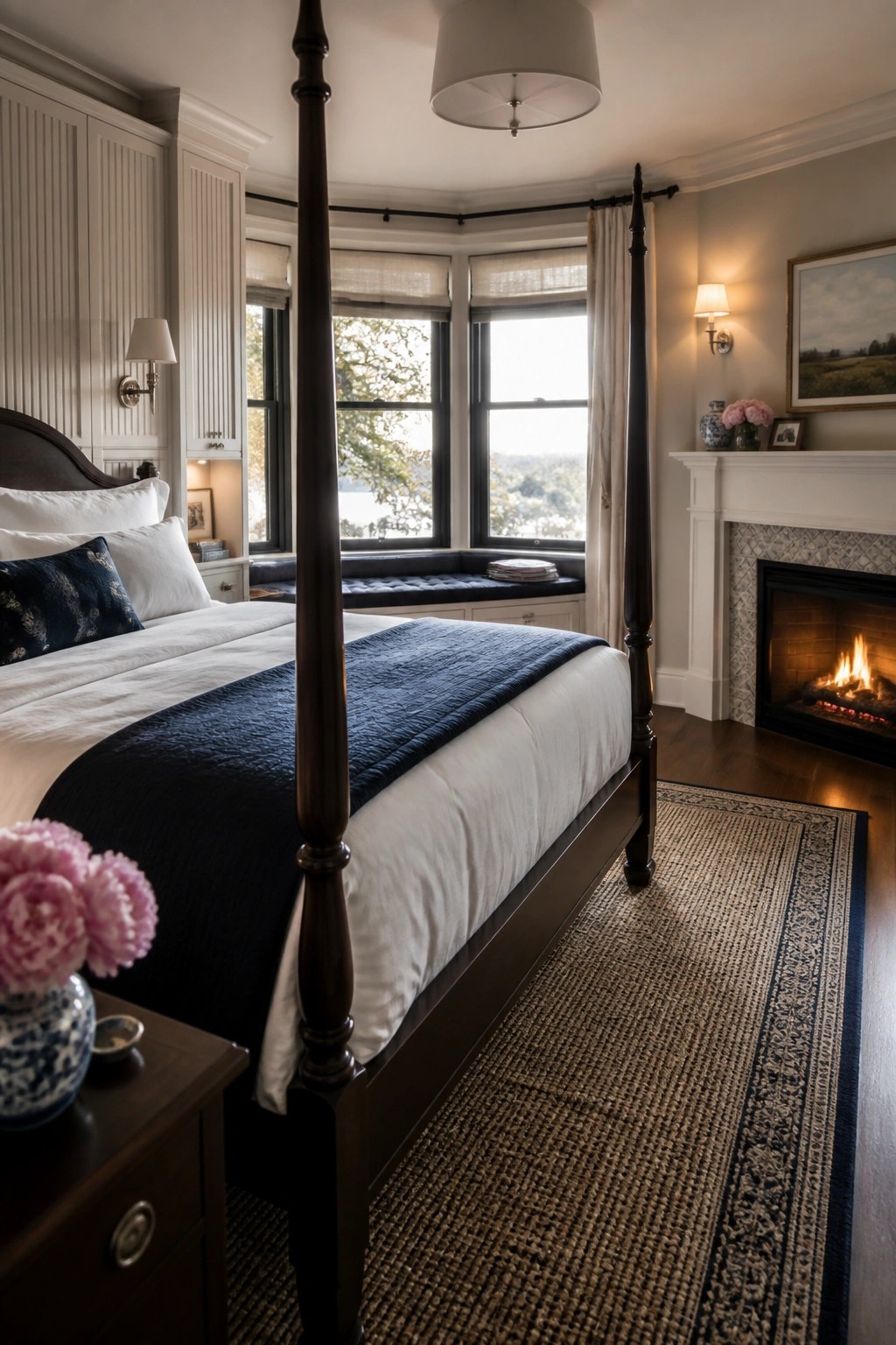 Elegant bedroom with dark wood four-poster bed, fireplace, and bay windows.