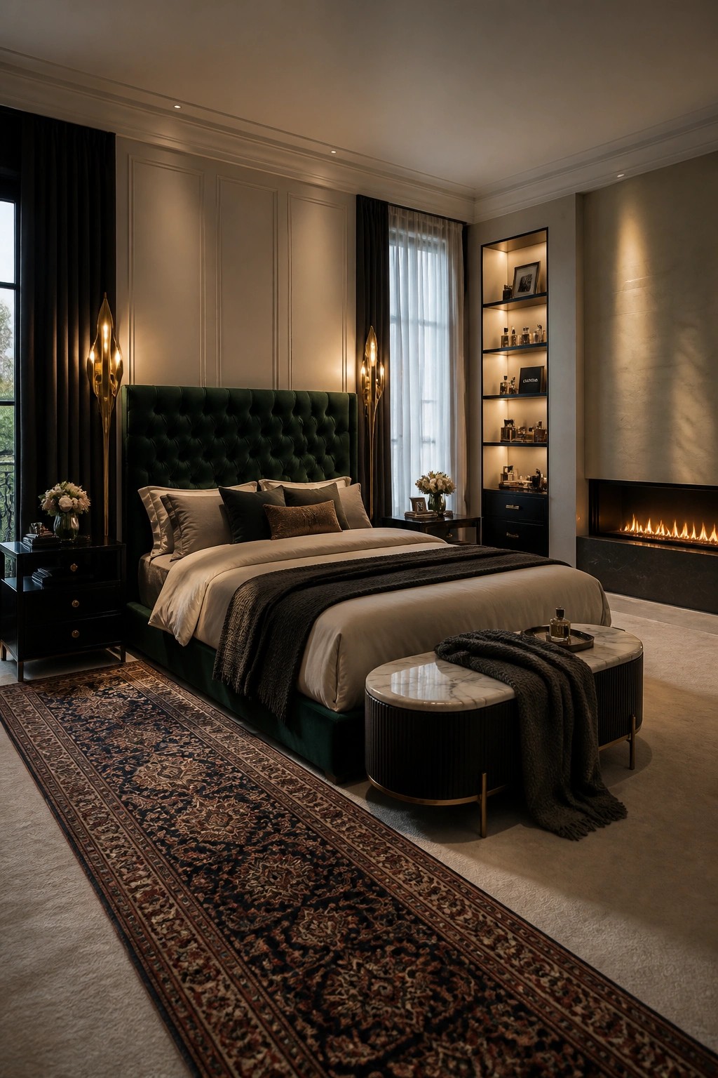 A master bedroom with a large green tufted velvet headboard, neutral bedding, dark nightstands, built-in illuminated shelves, and a fireplace on the right wall.