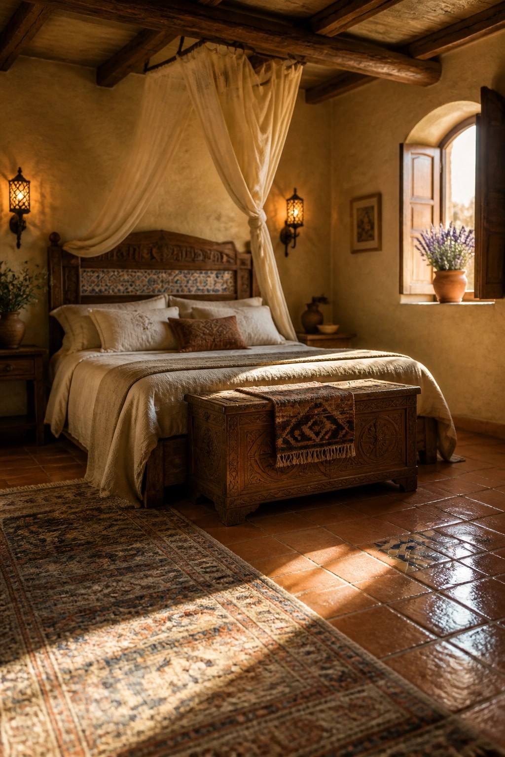 A bedroom with a wooden bed topped by a draped sheer canopy, a carved chest at the foot of the bed, and warm light coming through an open window.