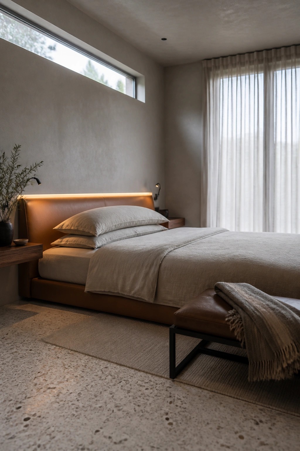 A bedroom with a brown leather headboard that has a continuous warm light strip behind it, layered neutral bedding, a floating wood nightstand, and a large window with sheer curtains on the right.