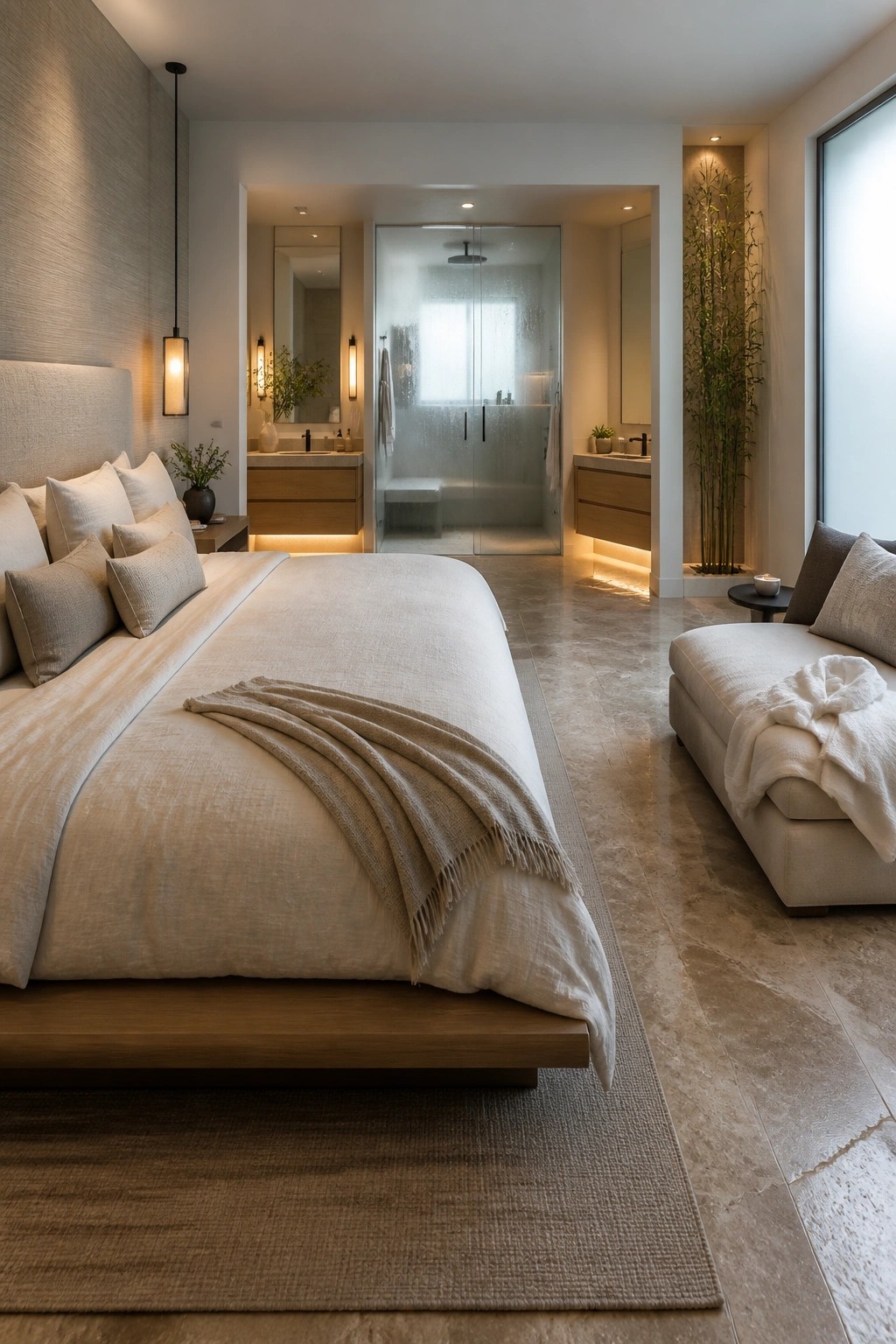A spacious bedroom with a large bed in neutral linens, an open view to a bathroom with a glass shower, and a chaise lounge beside tall plants.