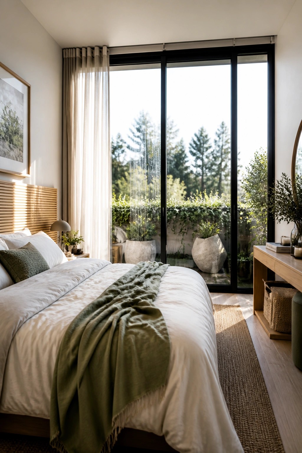 A master bedroom featuring a large bed with white linens and an olive green throw beside floor-to-ceiling black-framed glass doors that open to a patio with potted plants and trees.