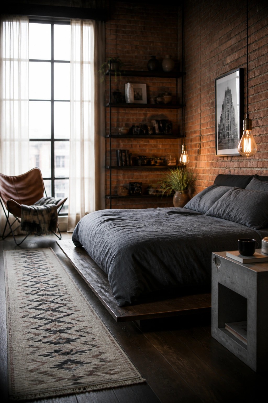 A low wooden platform bed with dark gray bedding sits in front of an exposed brick wall in a bedroom with hanging Edison bulb lights and a large window.