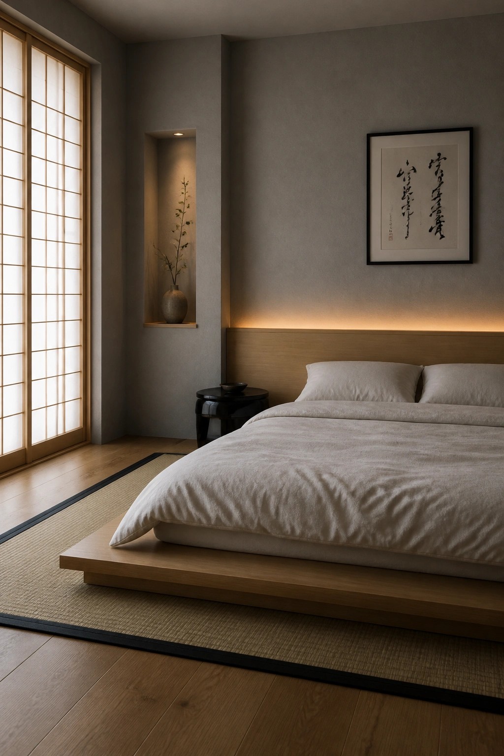 A minimalist bedroom featuring a low wooden platform bed on tatami mats with white bedding, a shoji screen door on the left, a recessed wall niche with a vase, and a framed calligraphy piece above the bed.
