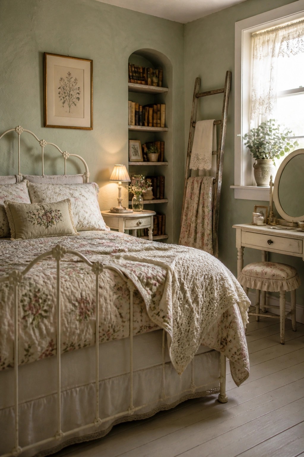 A bedroom interior with sage green walls, a white iron bed with floral linens, built-in arched shelving filled with books, and a wooden ladder holding towels.