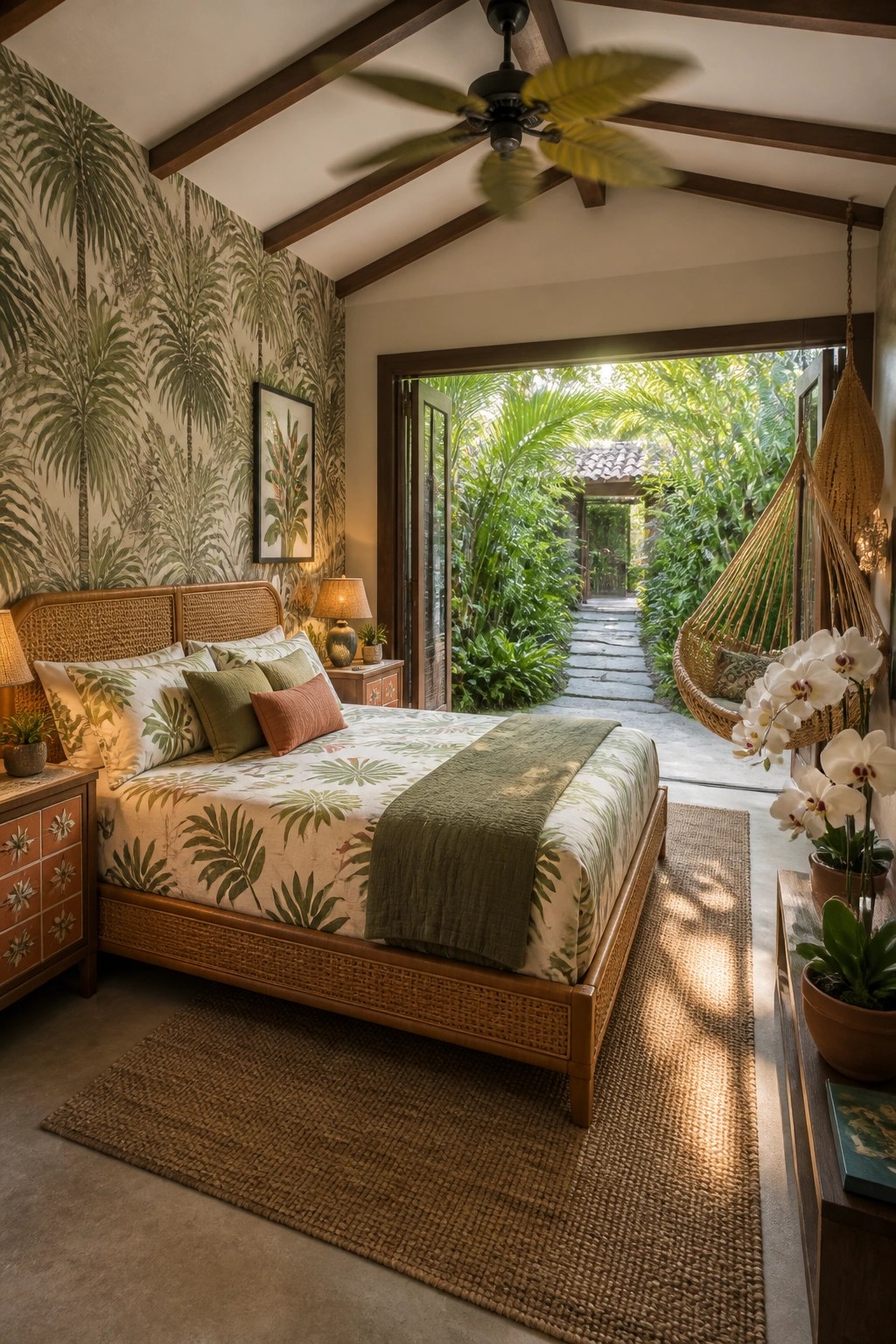 Tropical bedroom with rattan bed, palm-print bedding, and open doors to garden