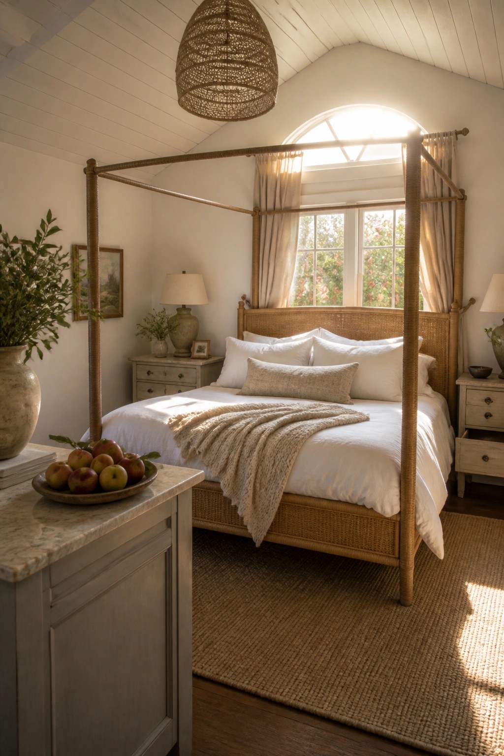 A bedroom with a four-poster canopy bed in light woven material, white bedding, a jute rug, and an arched window with sunlight.