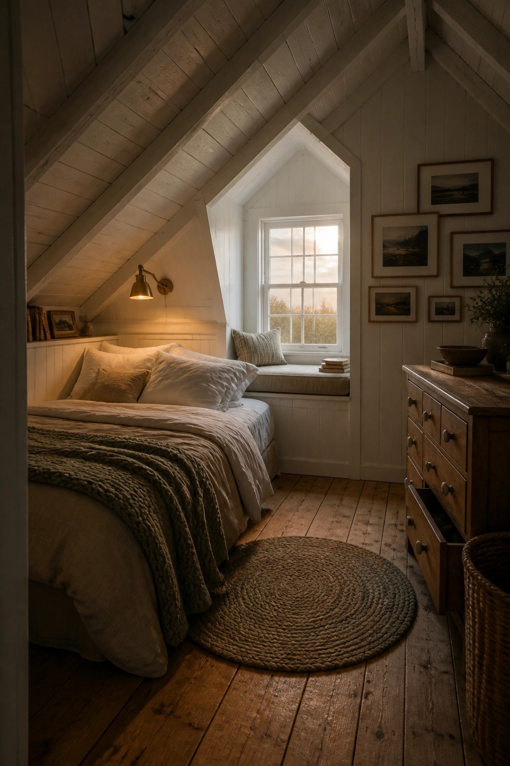 An attic bedroom with white walls and wood ceiling, a bed with white linens and a green knit blanket, a built-in window seat under a grid window, and a round woven rug on the floor.