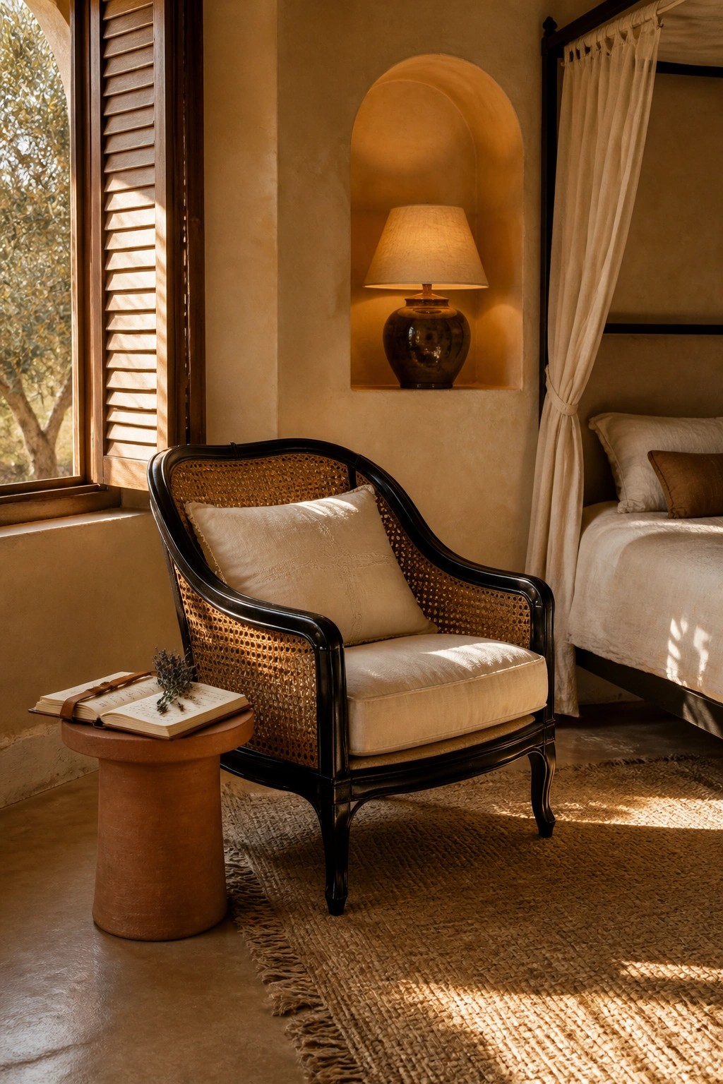 A dark wood cane-back armchair with light cushions sits on a woven rug next to a window with shutters, beside a small round table holding an open book.