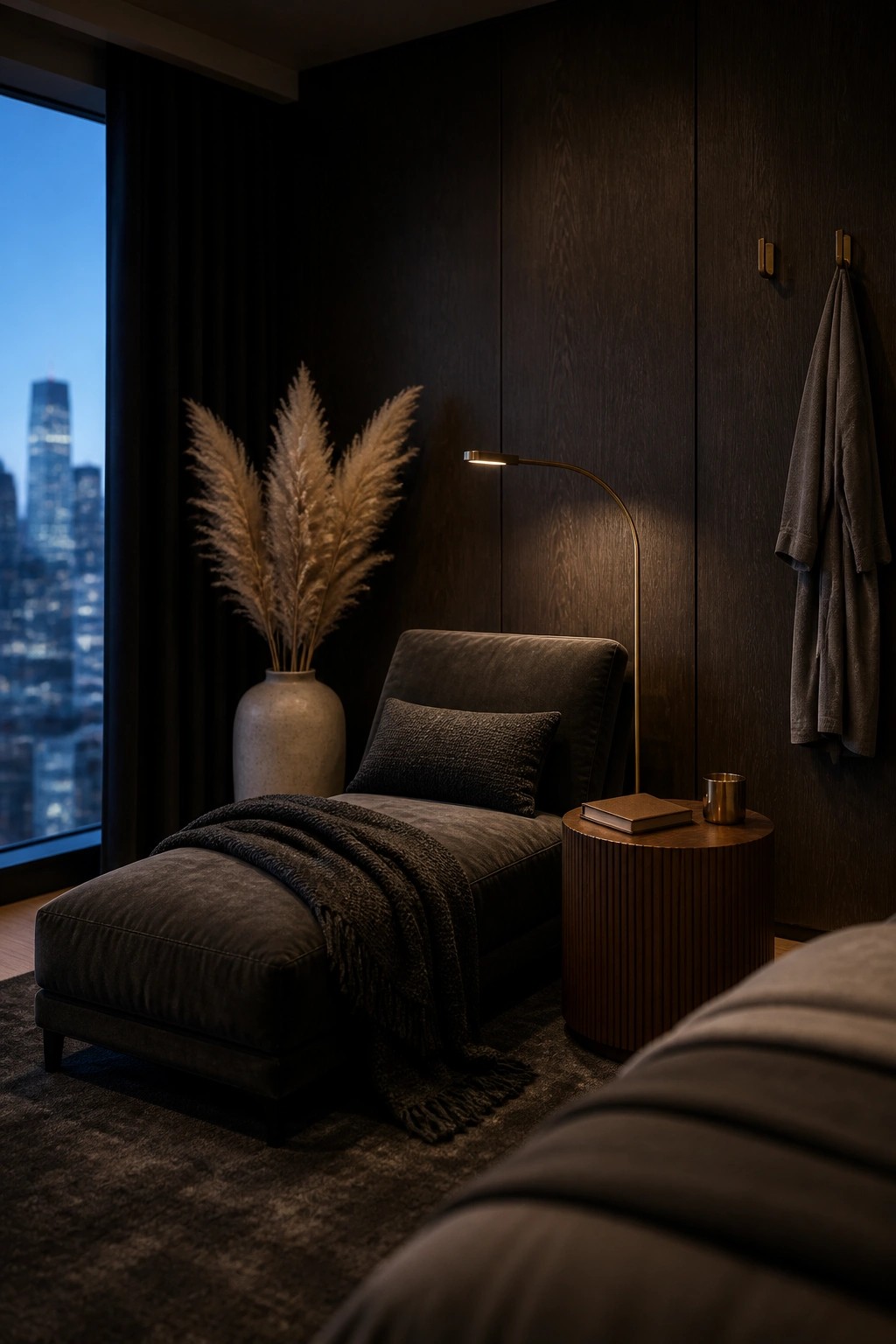 A dark upholstered chaise lounge with a curved floor lamp and round wooden side table in a bedroom with a large window showing a city skyline at dusk.