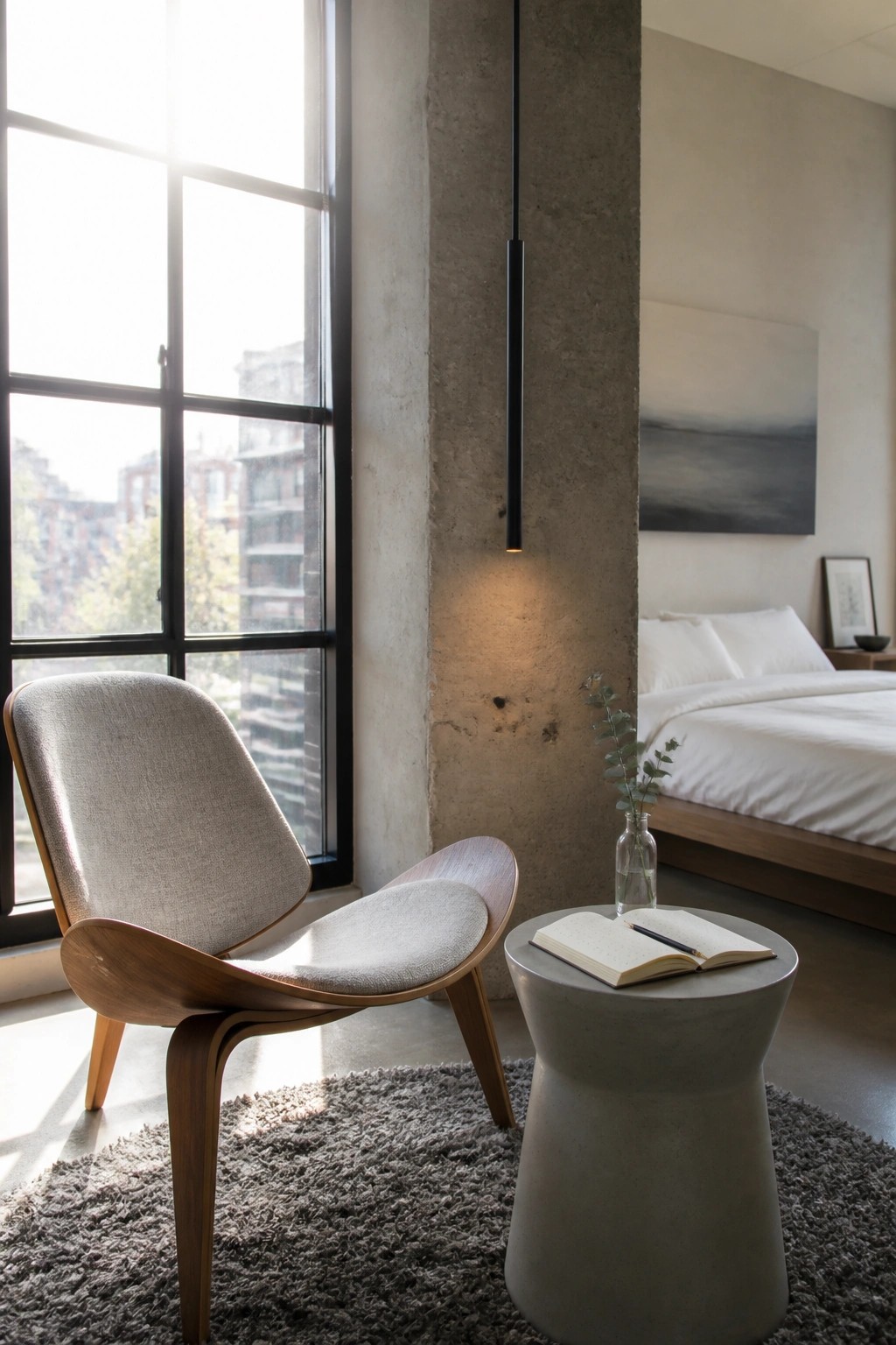 A modern low wooden lounge chair with gray upholstery sits on a shag rug beside a round concrete side table holding an open notebook and a small glass vase with greenery, next to a large window and a concrete pillar in a minimalist bedroom.