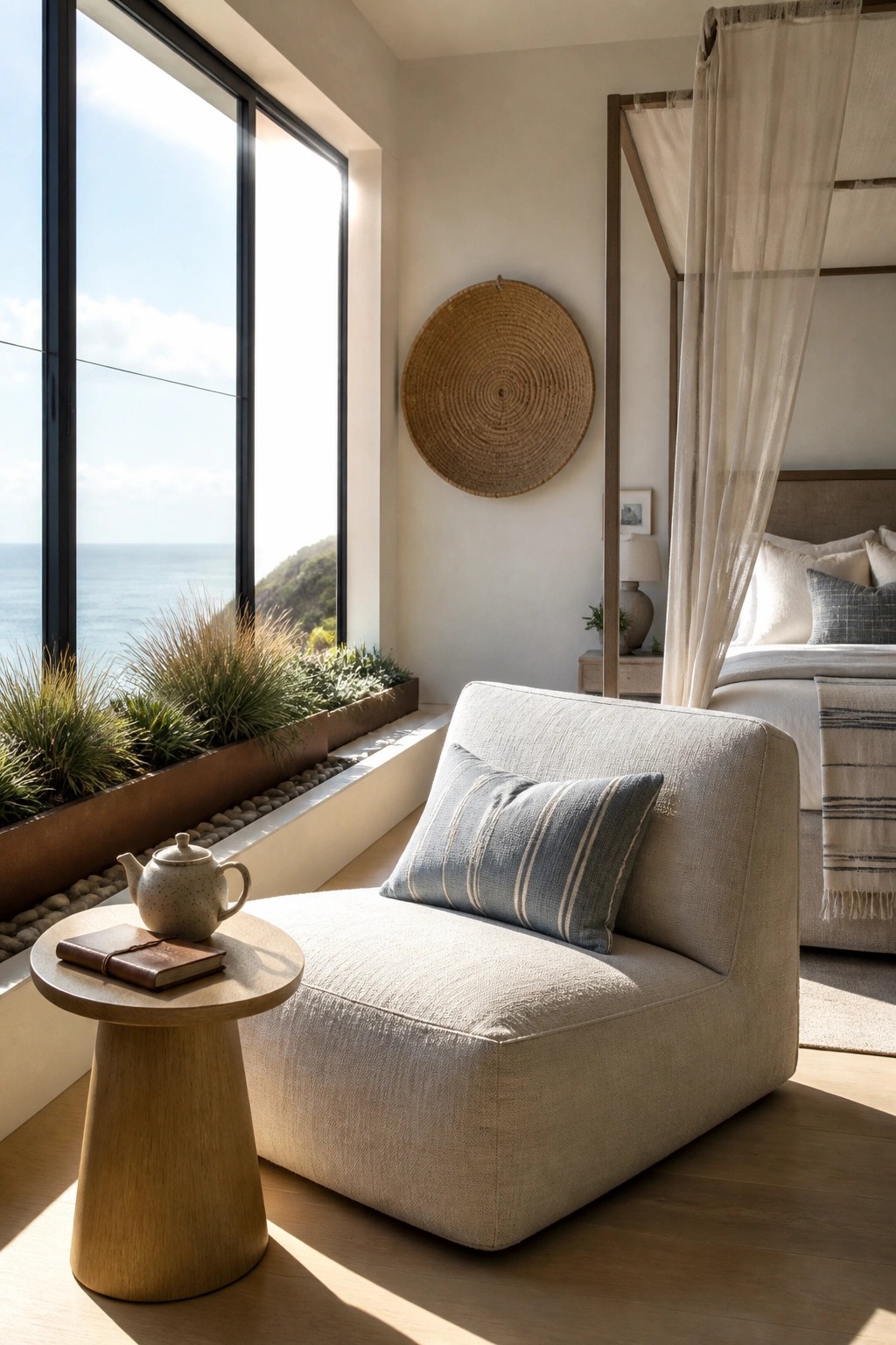 A light beige armchair with a blue striped pillow sits beside a round wooden side table holding a ceramic teapot and notebook, placed in front of a large window with an ocean view in a bedroom with a canopy bed.