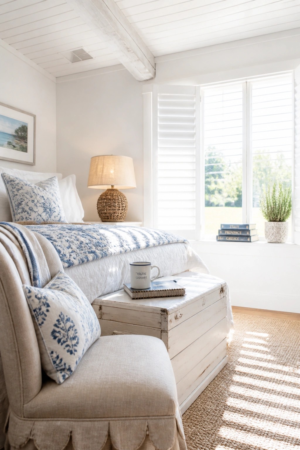 A light-filled bedroom showing a beige upholstered chair with scalloped skirt next to a whitewashed trunk holding a mug and notebook, with a bed and large window visible behind it.