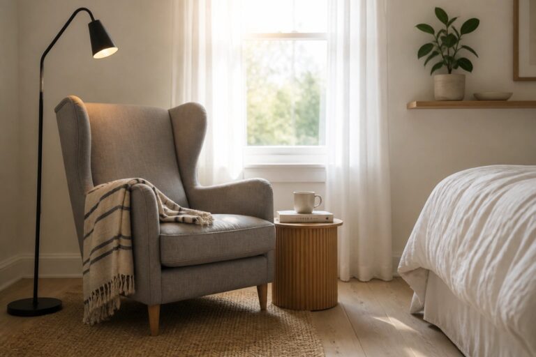 22 Relaxing Bedroom Chair Ideas Made for Journaling, Reading, and Unwinding A gray upholstered wingback chair with a throw blanket sits on a jute rug next to a window, with a black floor lamp and round wooden side table holding books and a mug.