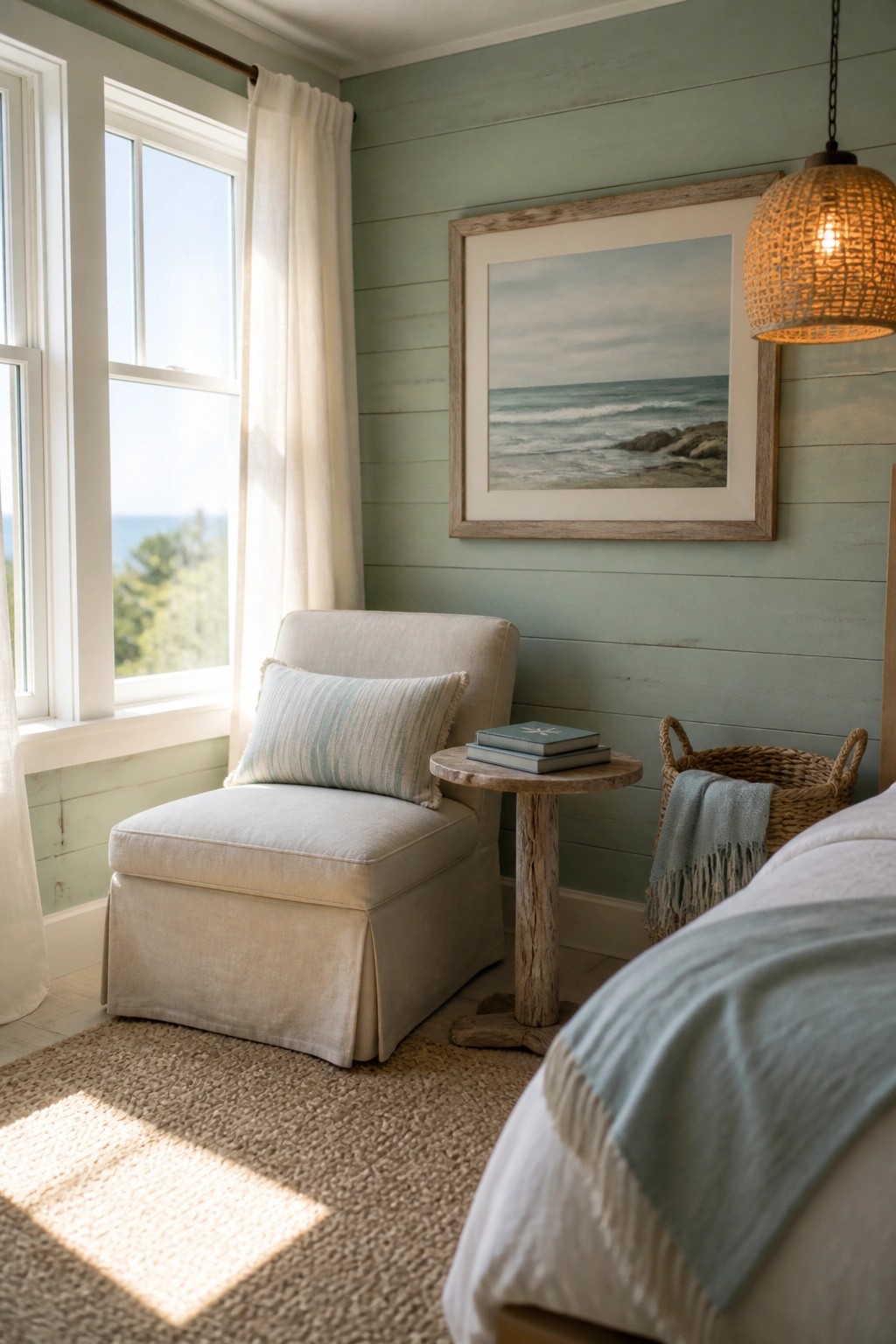A light-colored slipcovered armchair with a striped pillow sits beside a small wooden side table holding two books in a bedroom with pale green walls and a large window.
