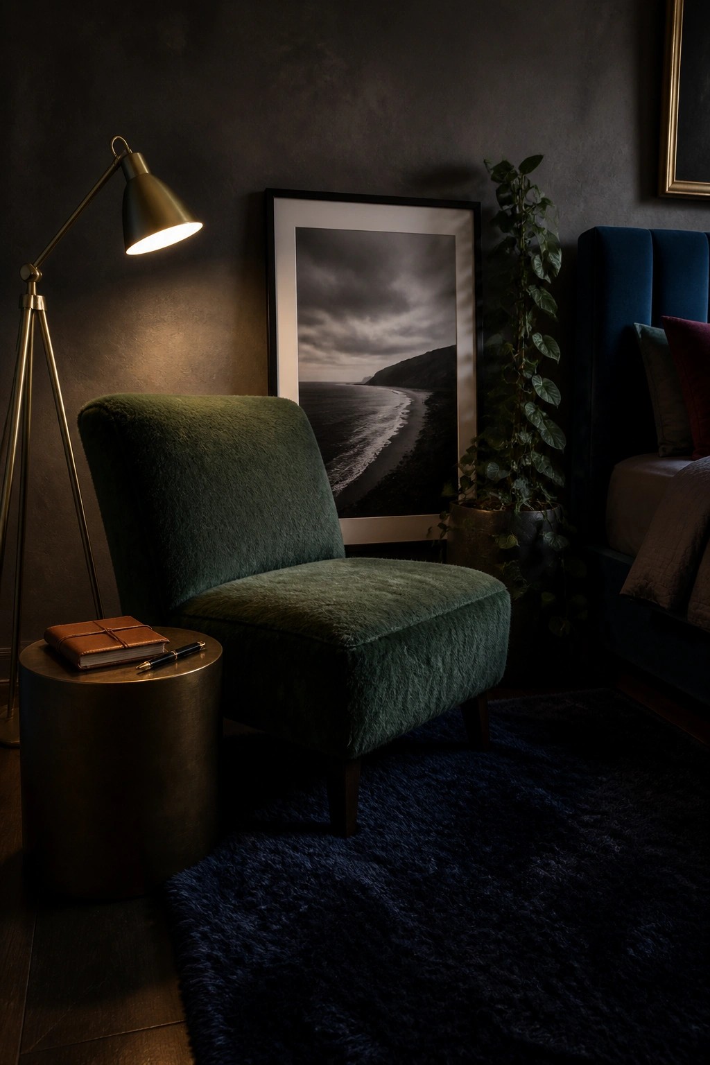 Green velvet armchair with brass lamp, plant, and coastal art on blue rug