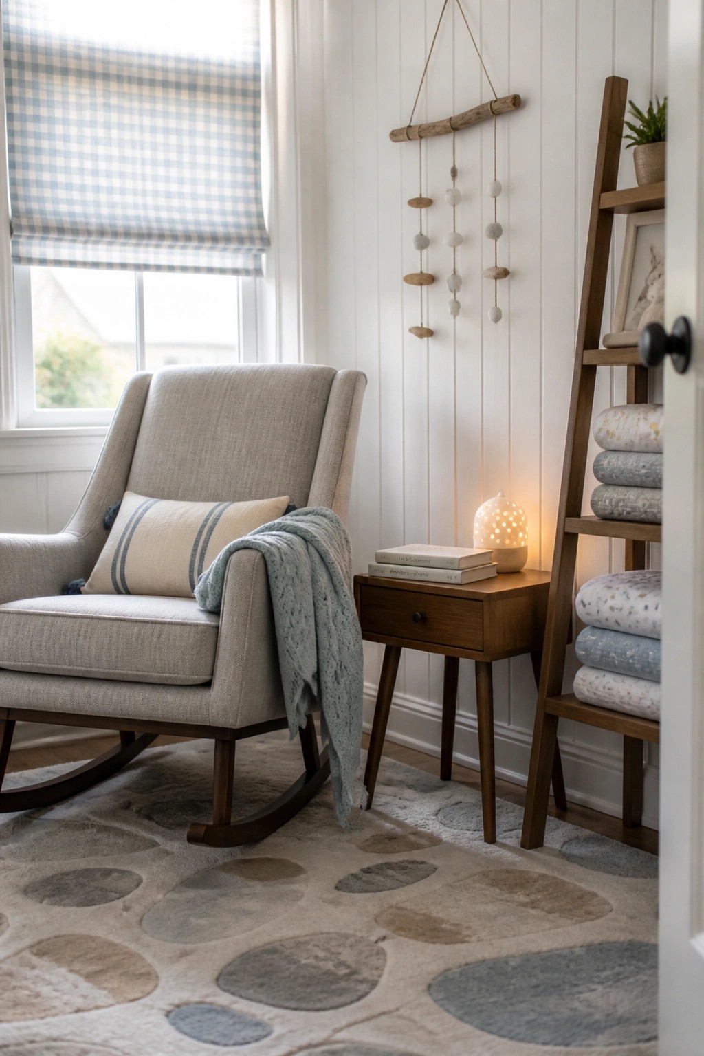 A beige rocking chair with a striped pillow and draped throw sits on a patterned rug next to a wooden side table holding stacked books and a glowing lamp.