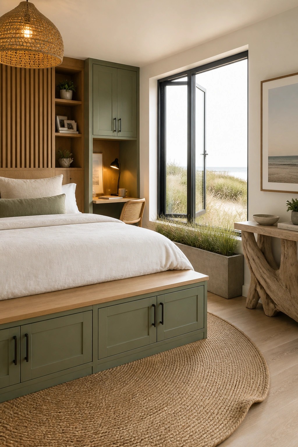 A bedroom with a bed on a sage green platform base with cabinet doors below, built-in sage green cabinetry including a desk nook, a round jute rug on the floor, and a large window overlooking coastal dunes.